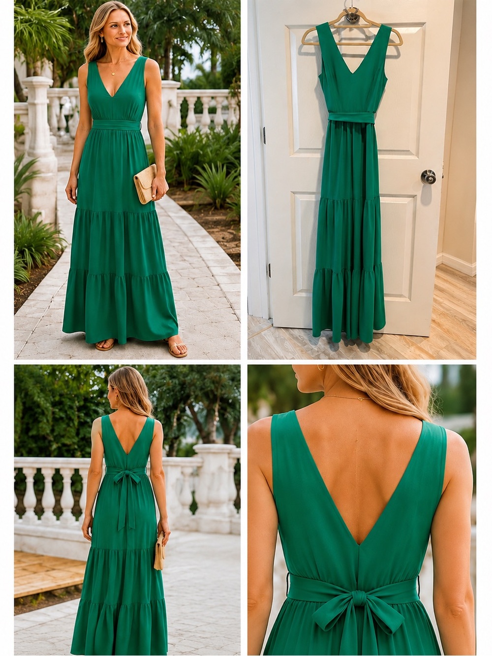 🔹 Elegant Green V-Neck Tiered Maxi Dress Size 4
